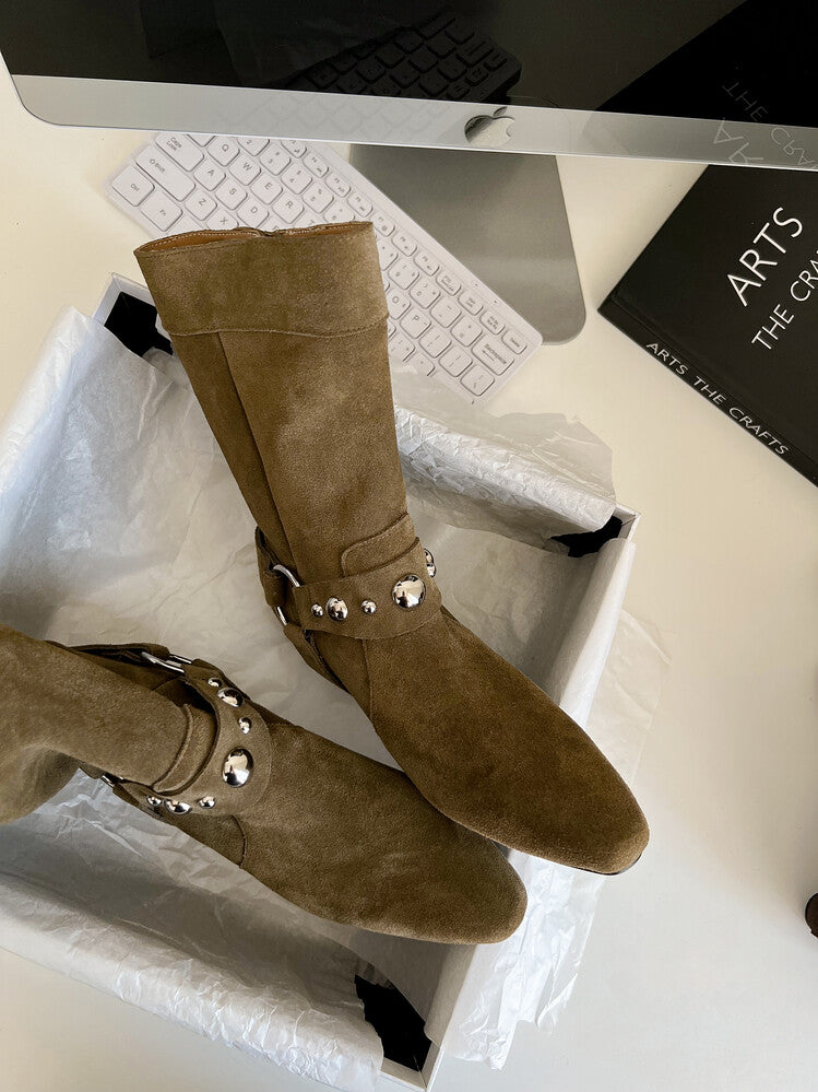 Karin Luna has prepared stock  Hot-Selling Retro Pointed Toe Wedge Metal Buckle High Tube Western Boots