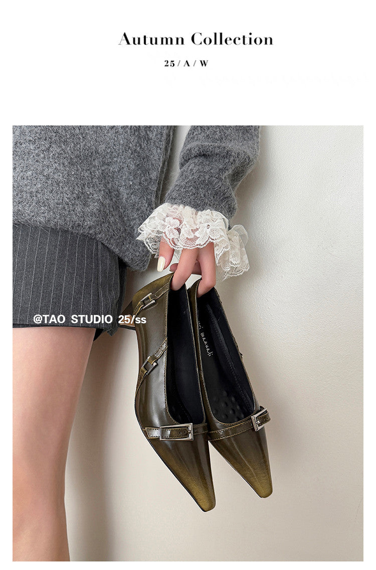 Karin Luna In Stock In Stock Retro Belt Buckle Small Square Toe Chunky Heel Single Shoes