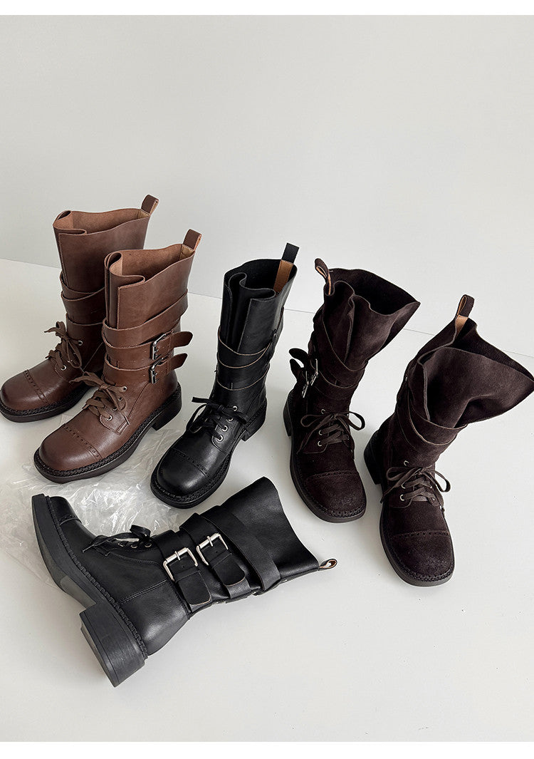 Karin Luna Bestseller Hot-Selling Large Tube Leather Belt Buckle Round Toe Thick-Soled Short Boots