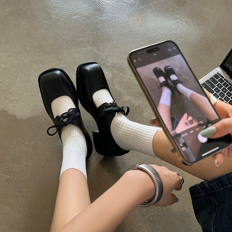 Karin Luna In Stock Spot Goods   Full leather inside and out Vegetable Tanned Hand-Grabbed Sheepskin Square-Toed Chunky Heel Single Shoes