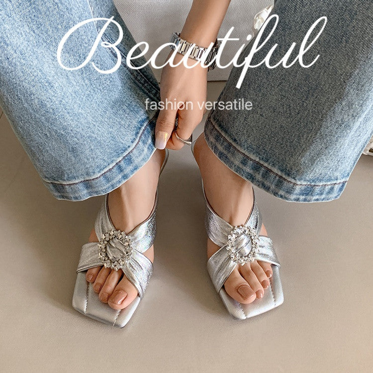 Karin Luna In Stock In Stock Elegant Square-Toe Cross-Strap Rhinestone Square-Toe Slippers