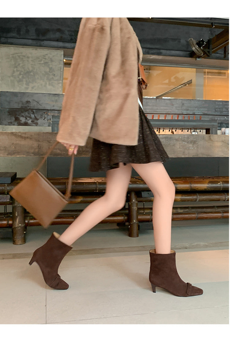 Karin Luna Elegant Style Small Square Toe Belt Buckle Thin Heel Short Boots