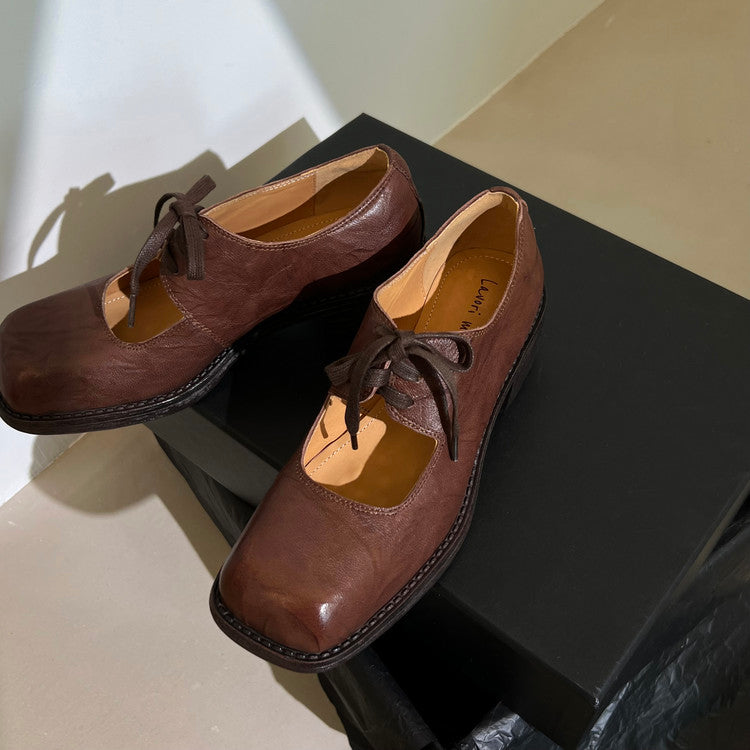 Karin Luna In Stock Spot Goods   Full leather inside and out Vegetable Tanned Hand-Grabbed Sheepskin Square-Toed Chunky Heel Single Shoes