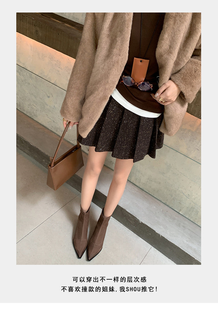 Karin Luna In Stock In Stock Elastic Slim Pointed Toe Chunky Heel Basic Ankle Boots