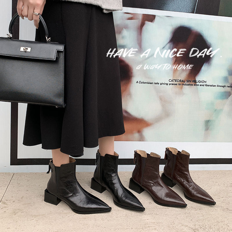 Karin Luna In Stock Spot Goods Elegant Stretch Fabric Patchwork Pointed Toe Chunky Heel Short Boots