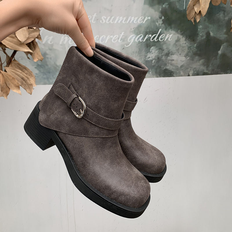 Karin Luna In Stock Spot Goods Versatile Basic Round Toe Belt Buckle Thick Sole Tube Boots