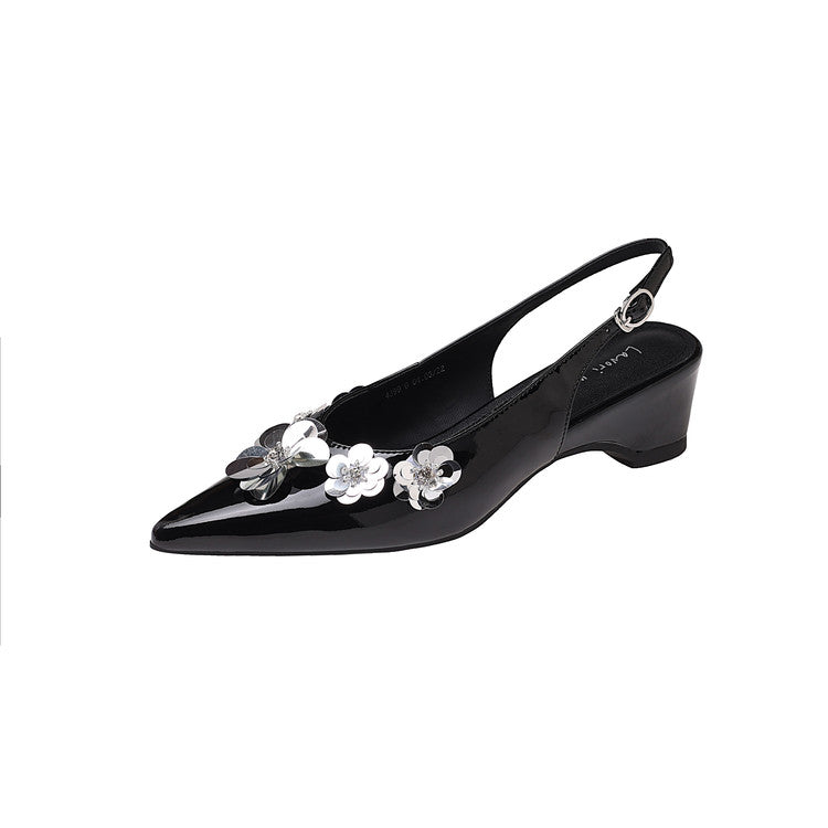 Karin Luna In Stock In Stock  Sequin Floral Pointed Toe Chunky Heel Closed-Toe Sandals