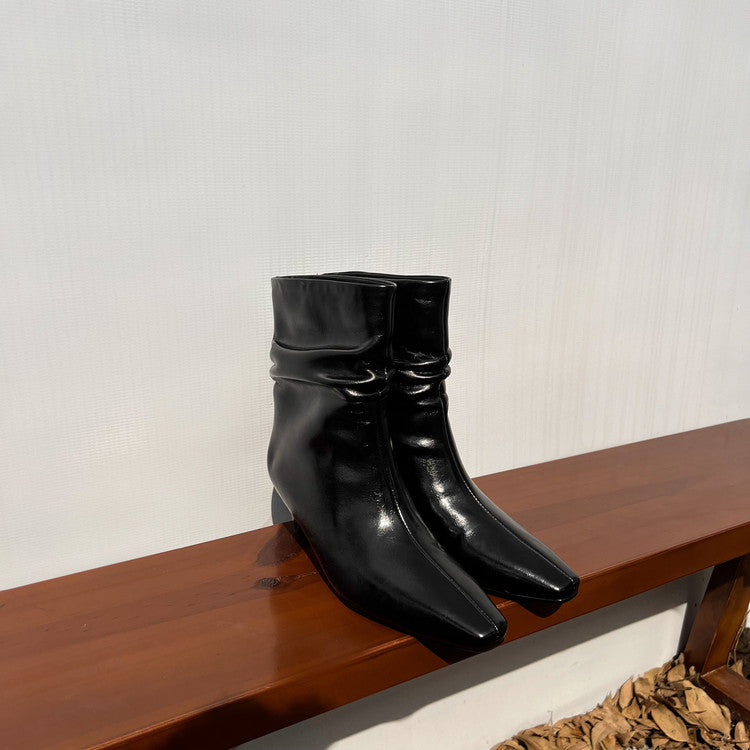 Karin Luna In Stock Spot Goods  Retro Wrinkled Small Square Toe Short Boots