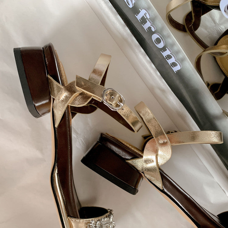 Karin Luna In Stock In Stock  Rhinestone Strap Round Toe Chunky Heel Sandals
