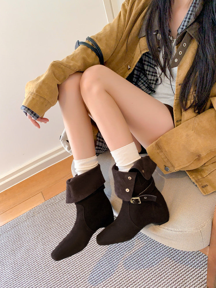 Karin Luna Foldable Belt Buckle Square Toe Hidden Wedge Short Boots