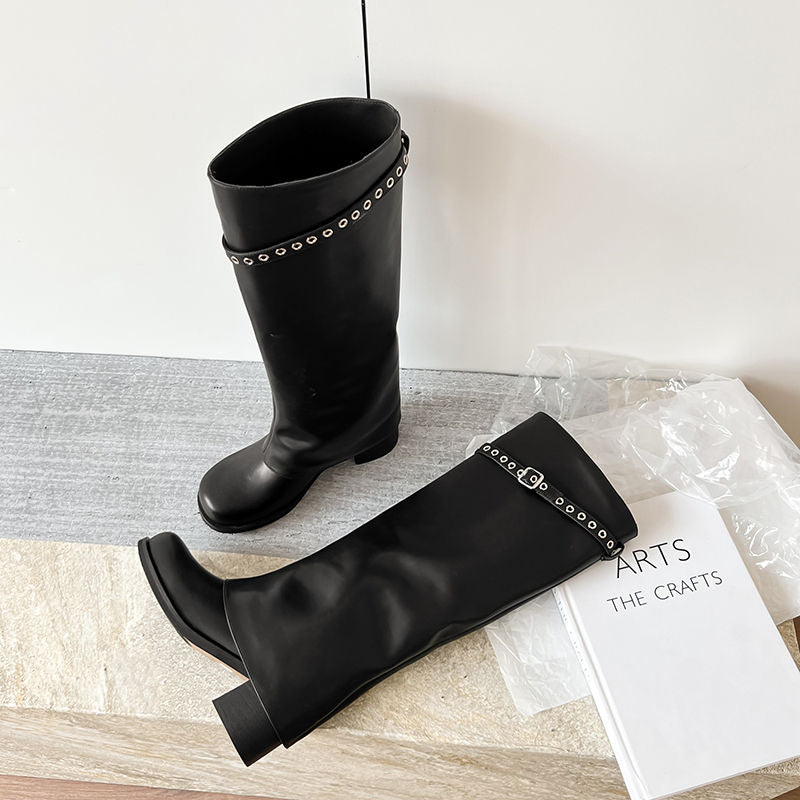 Karin Luna In Stock Spot Goods Belt Buckle Color-Washed Casual Thick-Soled Bootcut Pants Boots