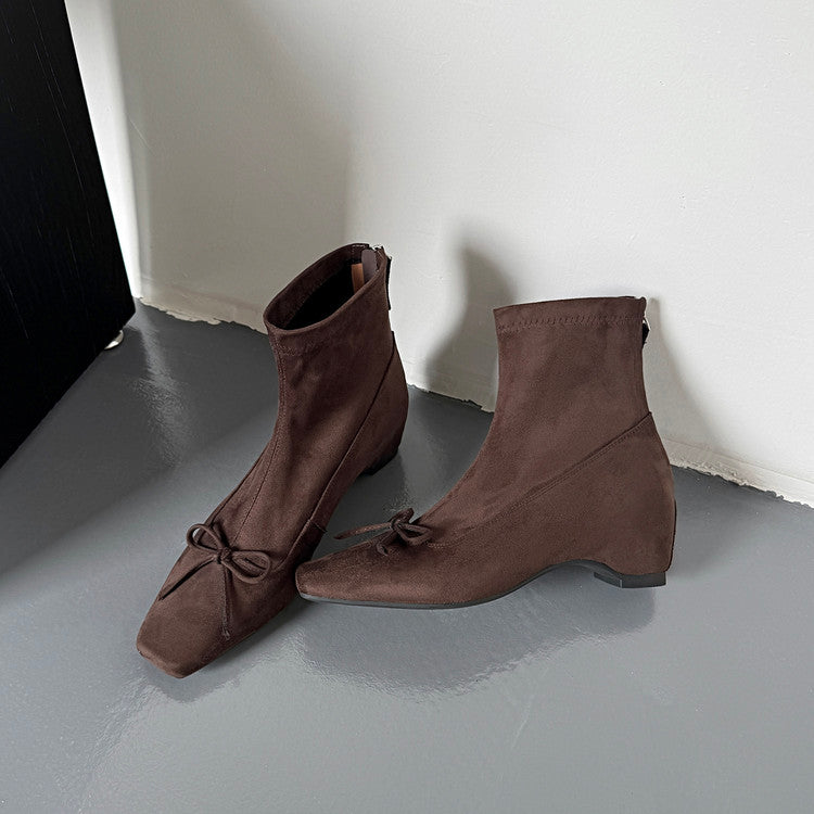Karin Luna French Style Square Toe Bowknot Hidden Wedge Slim Boots
