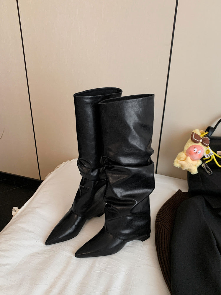 Karin Luna Elegant Style Pointed Toe Hidden Wedge Long Boots
