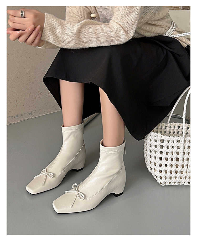 Karin Luna French Style Square Toe Bowknot Hidden Wedge Slim Boots