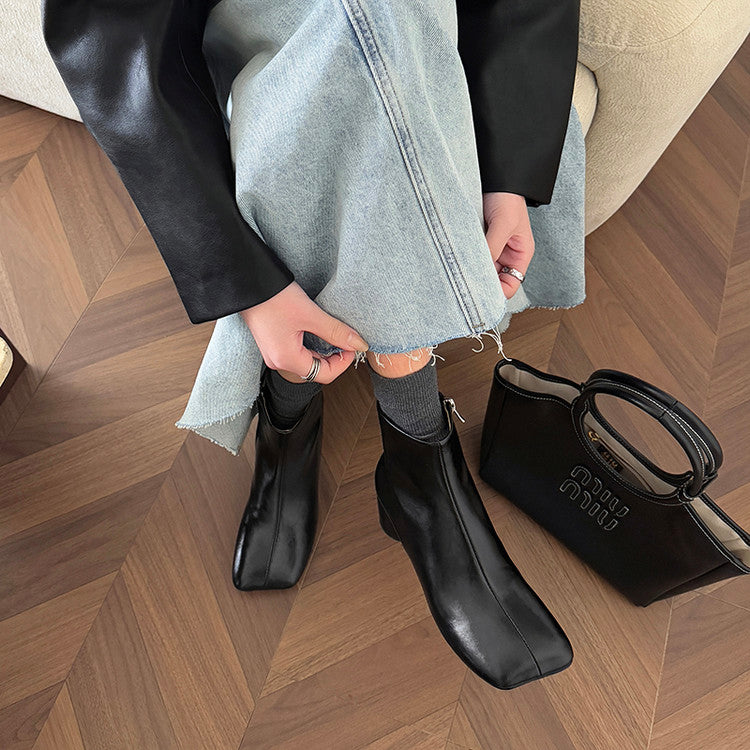 Karin Luna French Style Square Toe Chunky Heel Ankle Boots