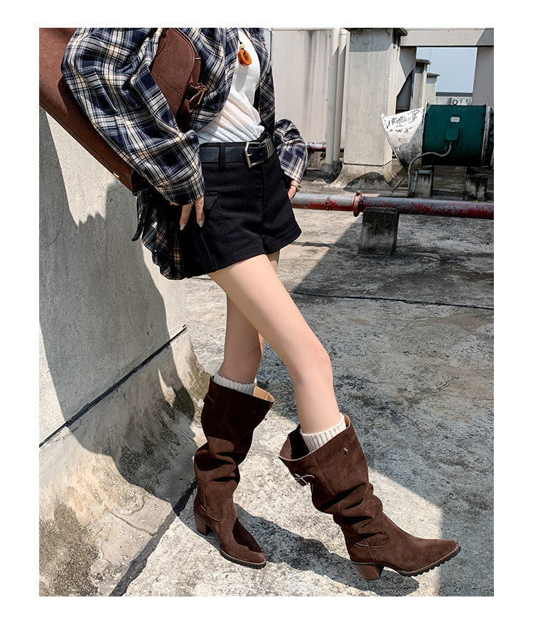 Karin Luna In Stock Spot Goods Retro Cowhide Leather Chunky Heel Suede Long Boots