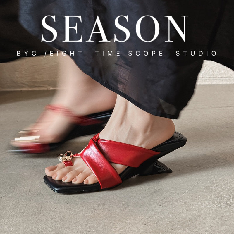 Karin Luna Braided Style ~Cross Strap Square Toe Irregular Heel Slippers