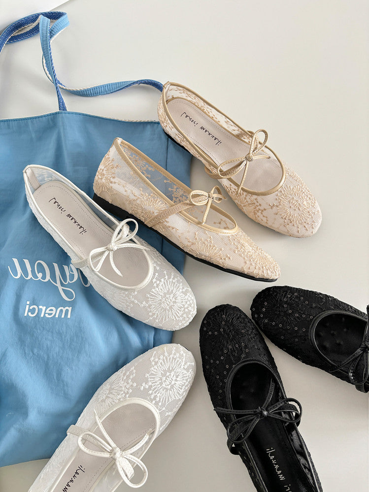 Karin Luna In Stock Spot Goods  Summer Breathable Retro Embroidered Bow Granny Shoes