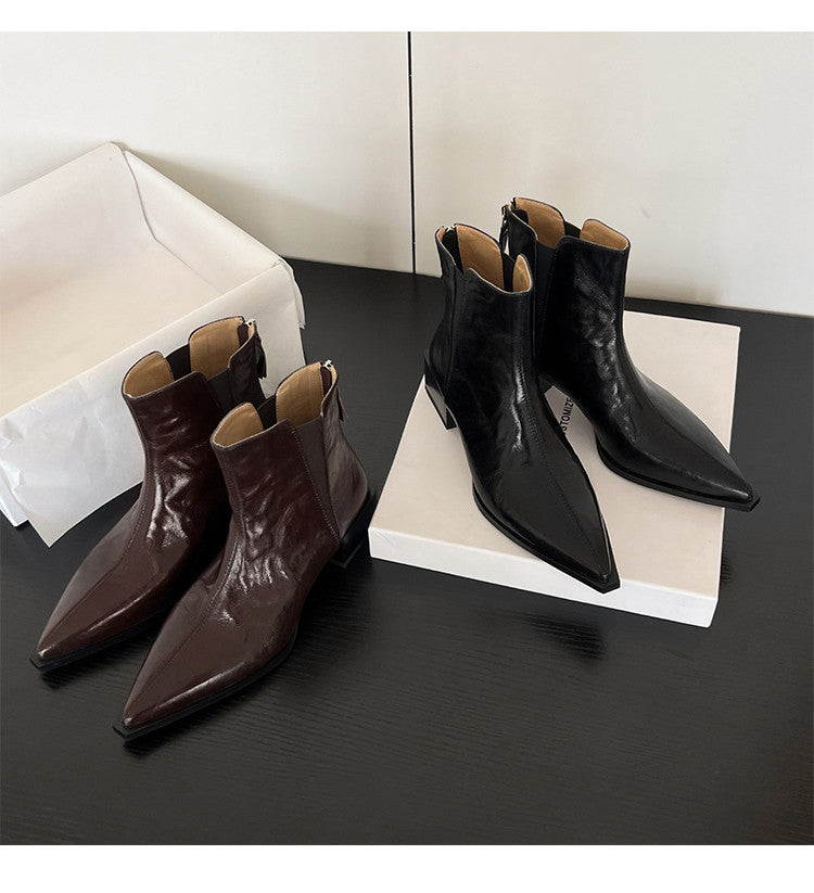 Karin Luna In Stock Spot Goods Elegant Stretch Fabric Patchwork Pointed Toe Chunky Heel Short Boots