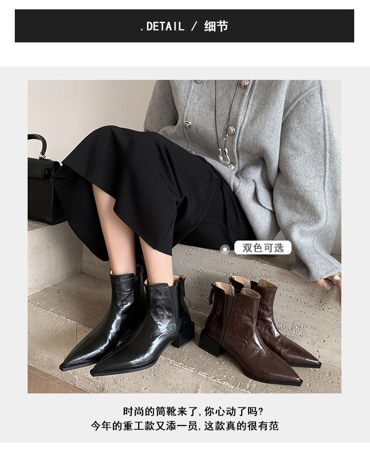 Karin Luna In Stock Spot Goods Elegant Stretch Fabric Patchwork Pointed Toe Chunky Heel Short Boots