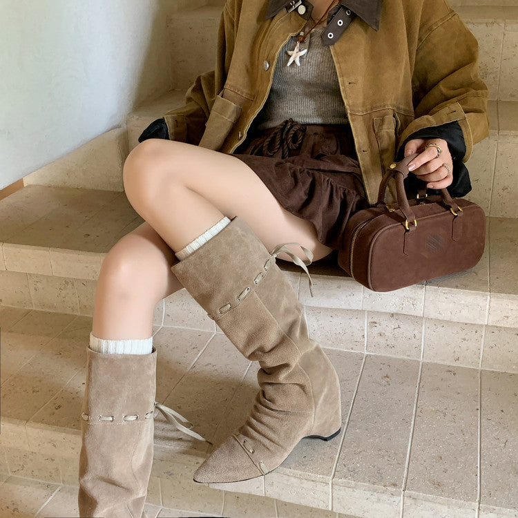 Karin Luna Elegant Style  Pointed Toe Pleated Hidden Wedge Western Boots