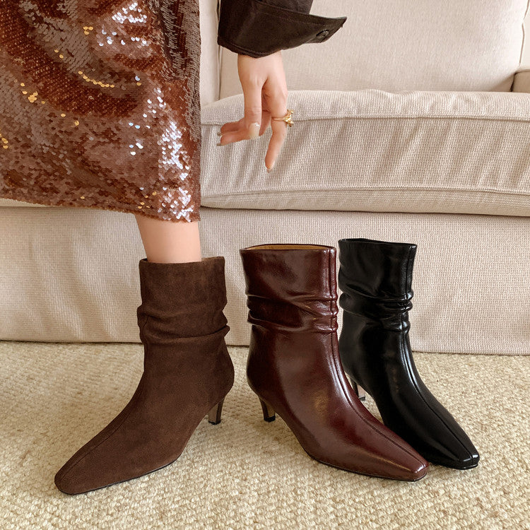 Karin Luna In Stock Spot Goods  Retro Wrinkled Small Square Toe Short Boots
