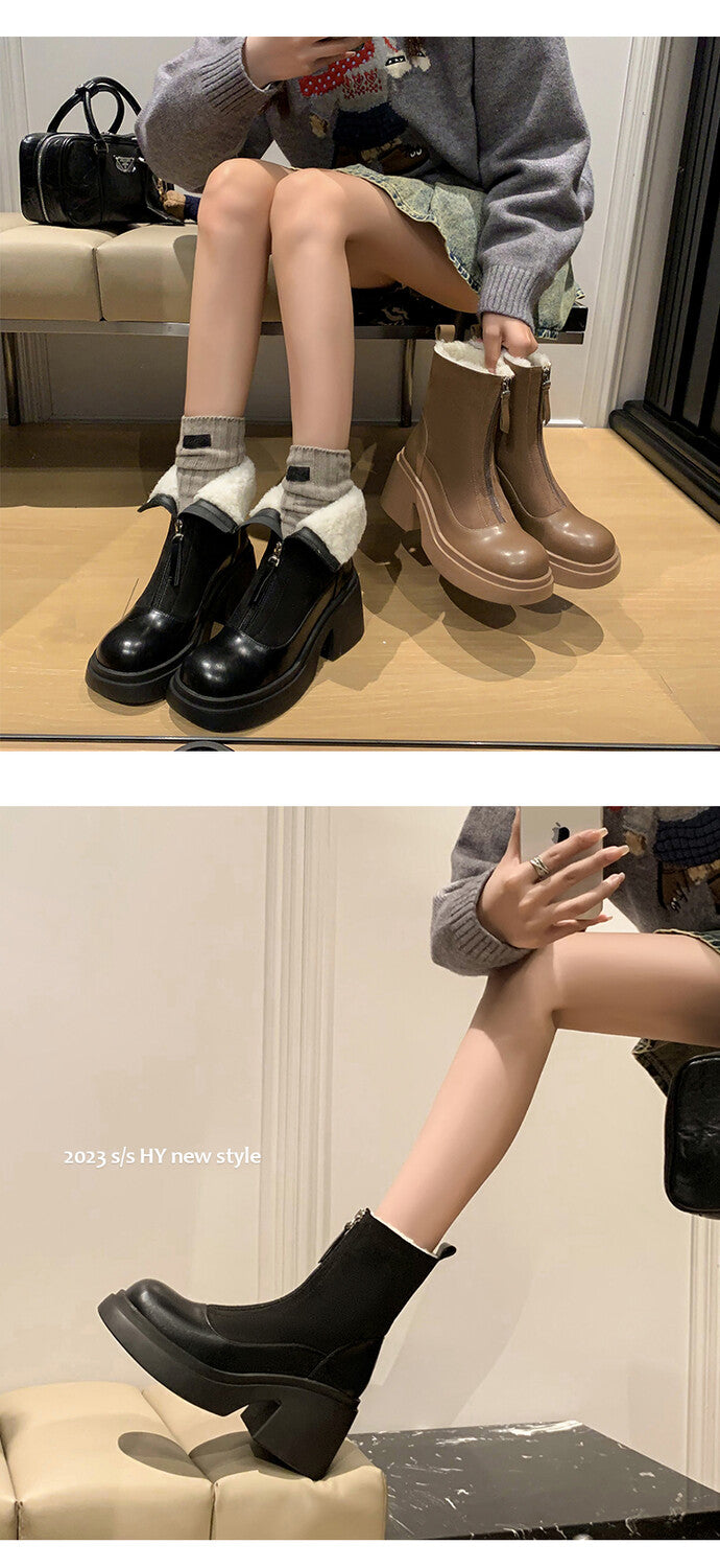 Karin Luna Basic Bestseller Timeless Thick Fur Lined Round Toe Thick Sole Cowhide Snow Boots