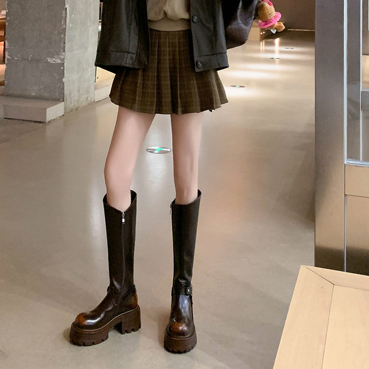 Karin Luna In Stock Spot Goods Round Toe Thick Sole Belt Buckle Straight Long Boots