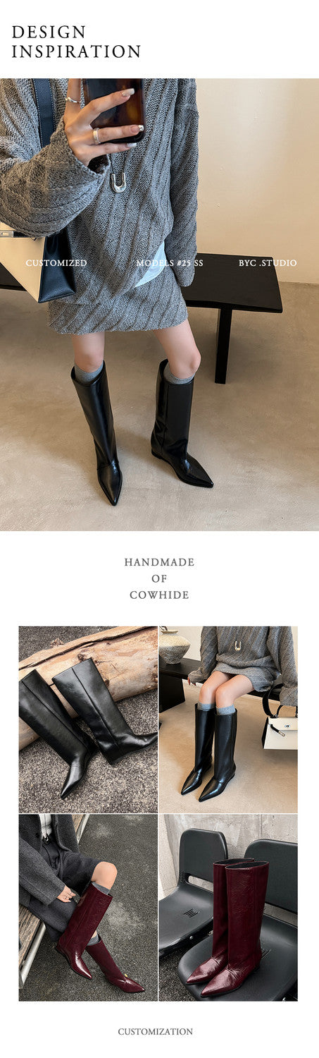 Karin Luna Elegant Style Pointed Toe Internal Height Increase Slip-On Long Boots