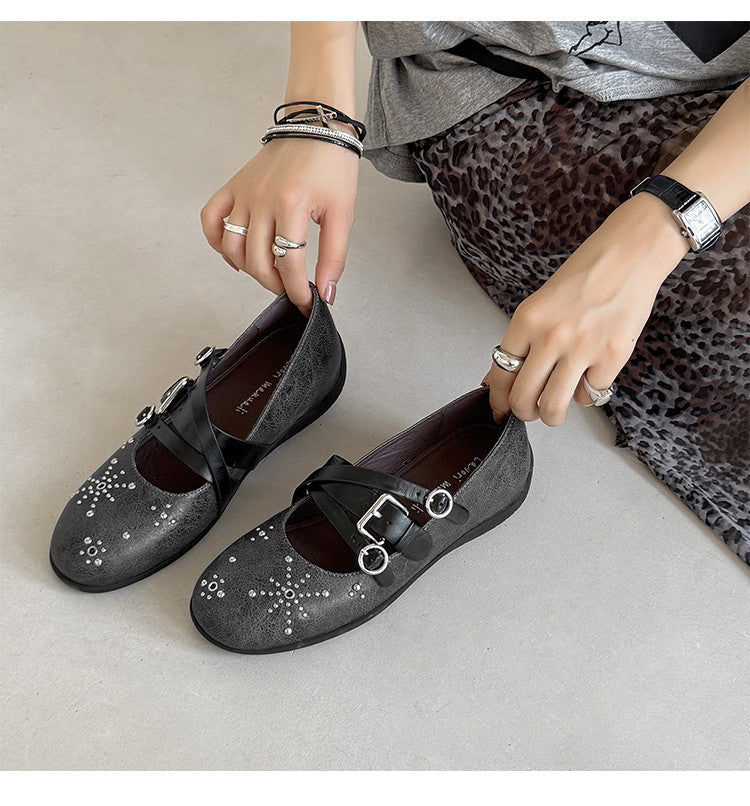 Karin Luna In Stock Spot Goods Studded Rivet Hidden Wedge Mary Jane Shoes