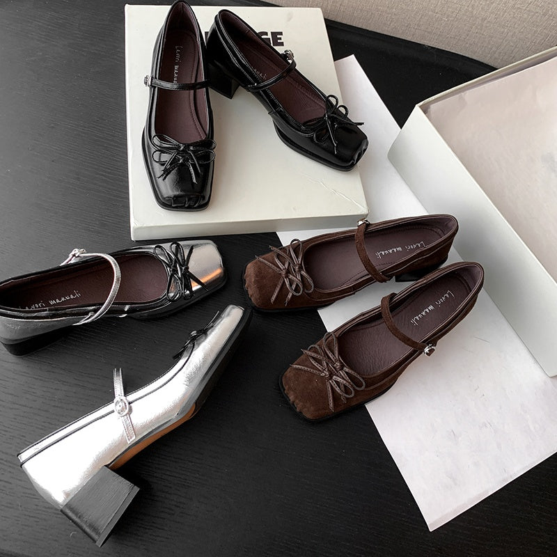 Karin Luna In Stock Spot Goods   One-strap Bowknot Square Toe Chunky Heel Mary Jane Shoes