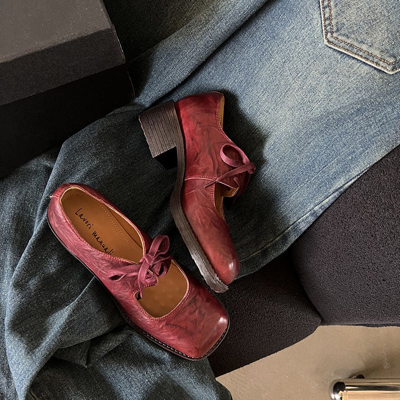 Karin Luna In Stock Spot Goods   Full leather inside and out Vegetable Tanned Hand-Grabbed Sheepskin Square-Toed Chunky Heel Single Shoes