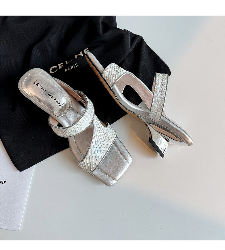 Karin Luna Fish Skin Series~Minimalist Square Toe Popular Irregular Heel Slippers