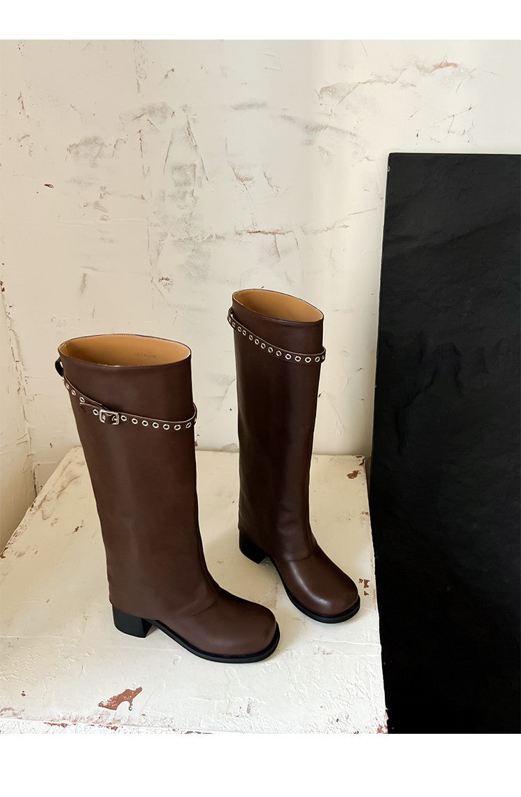 Karin Luna In Stock Spot Goods Belt Buckle Color-Washed Casual Thick-Soled Bootcut Pants Boots