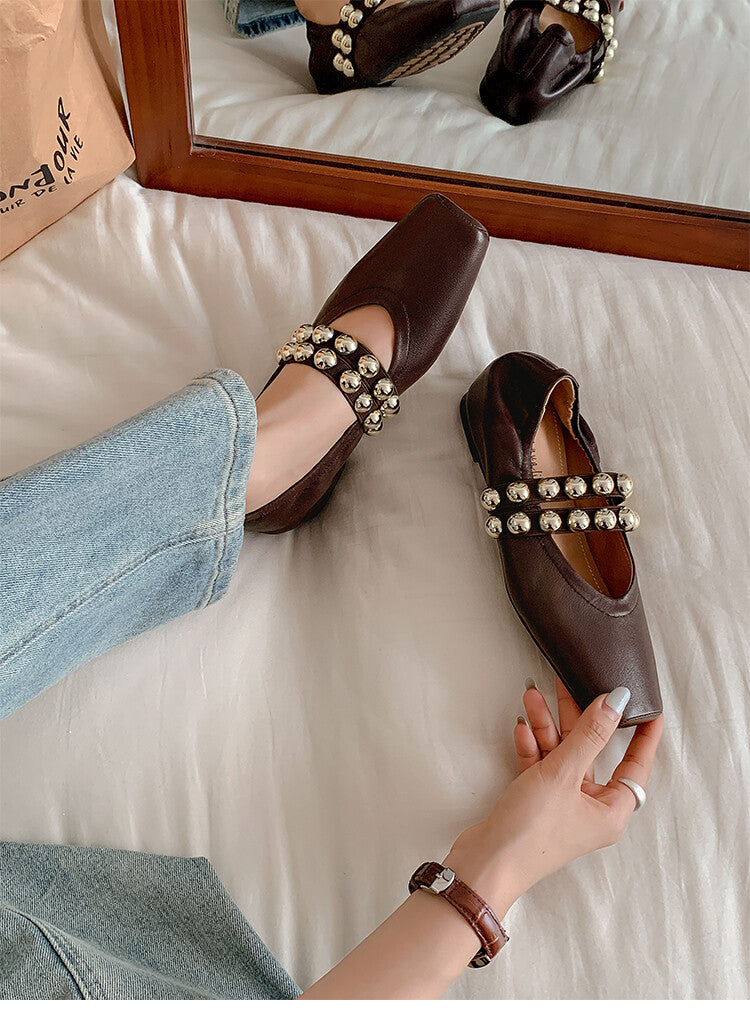 Karin Luna In Stock Spot Goods  Pig Nose Metal Strap Super Soft Granny Full Leather Mary Jane Shoes
