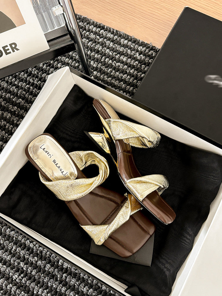 Karin Luna In Stock  Spot Goods   Square Toe One-Strap Irregular Heel Slippers