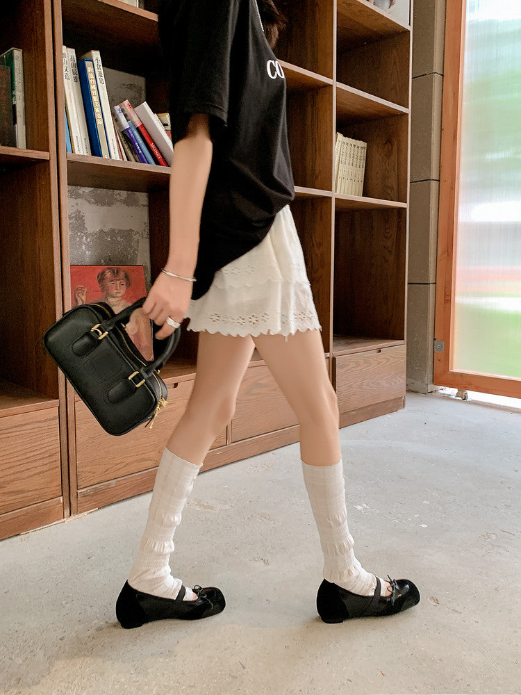 Karin Luna In Stock Spot Goods    Color Block Cowhide Leather Square Toe Slip-On Height Increasing Bowknot Flats
