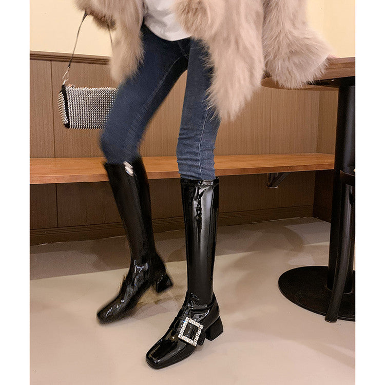 Karin Luna Elegant Style Ultra Slimming Rhinestone Chunky Heel British Style Riding Boots Long Boots
