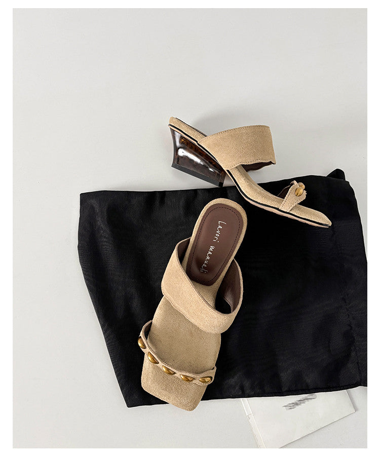 Karin Luna Hot-Selling Element Amber Heel~Spot Goods Spot Goods  Vacation Style One-Strap Amber Irregular Heel Slippers