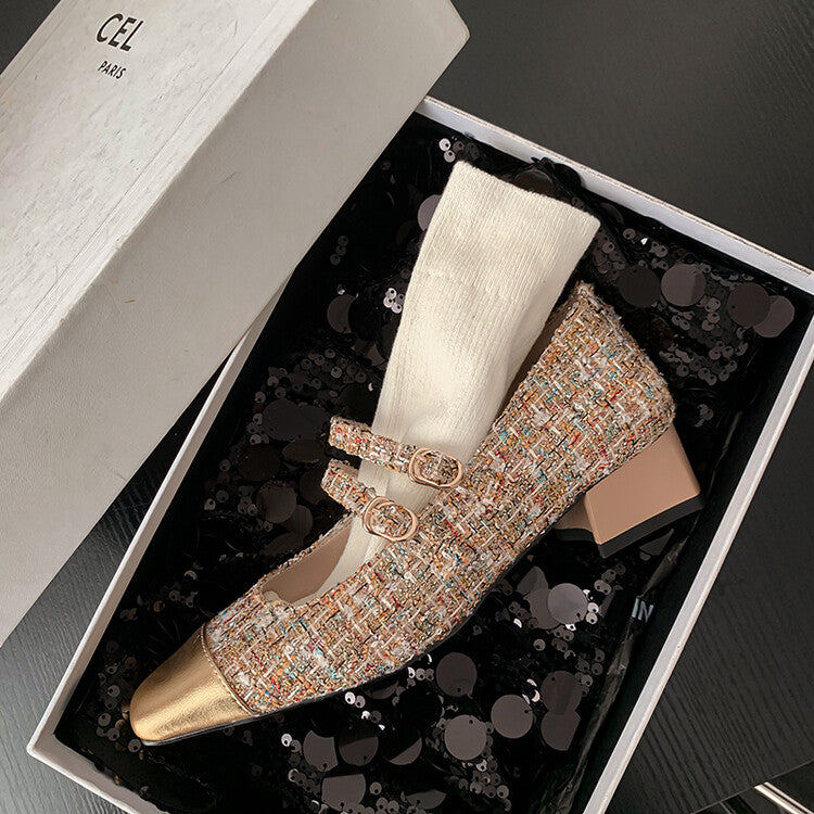 Karin Luna Classic Chanel Style~ Tweed Spring Limit Square Toe Chunky Heel Mary Jane Strap Single Shoes