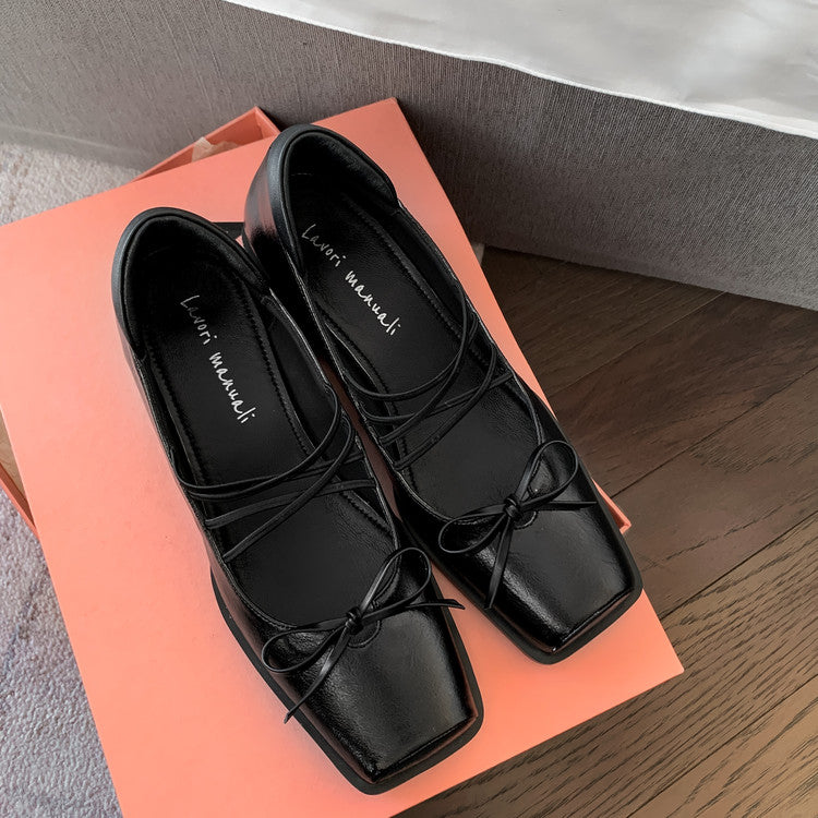 Karin Luna In Stock Spot Goods  Popular Self-flowing Bowknot Square Toe Chunky Heel Single Shoes