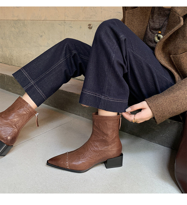 Karin Luna In Stock In Stock Slim Boots Series~Pointed Toe Rivet Slim Short Boots