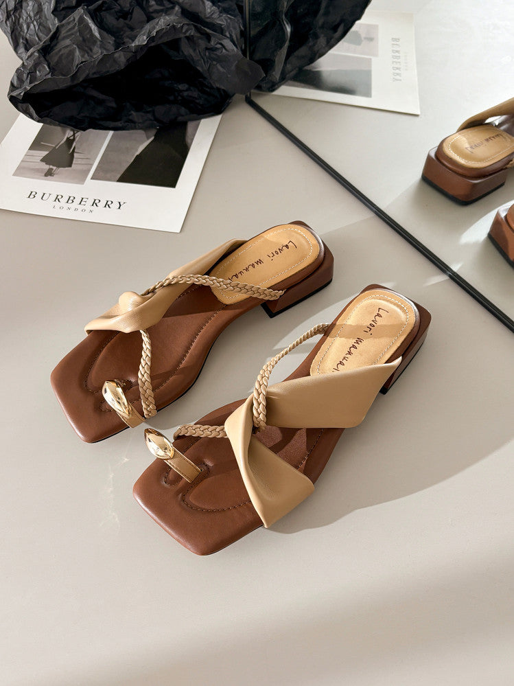 Karin Luna  Square Toe Braided Cross Thick Heel Flat Slippers
