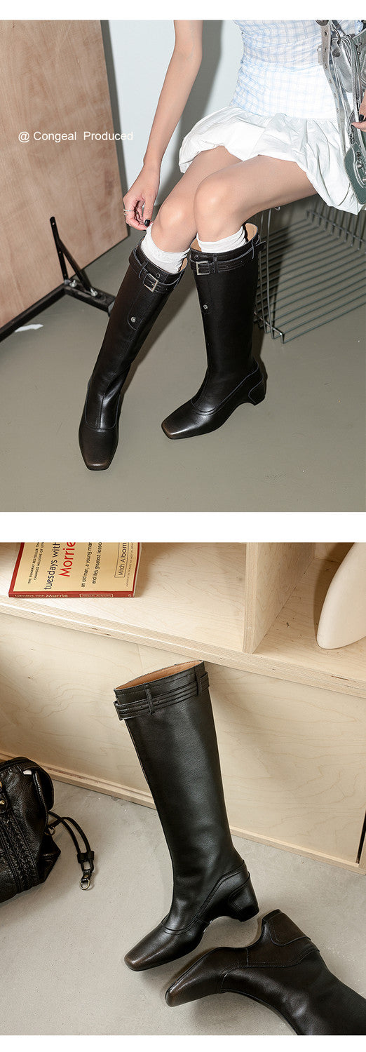 Karin Luna Belt Buckle Elegant Chunky Heel Suede Western Boots