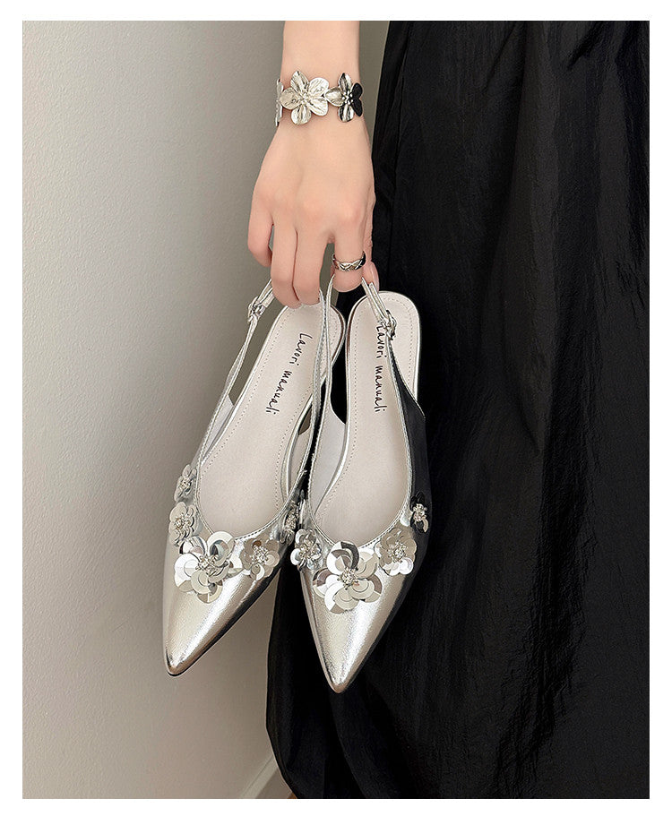 Karin Luna In Stock In Stock  Sequin Floral Pointed Toe Chunky Heel Closed-Toe Sandals