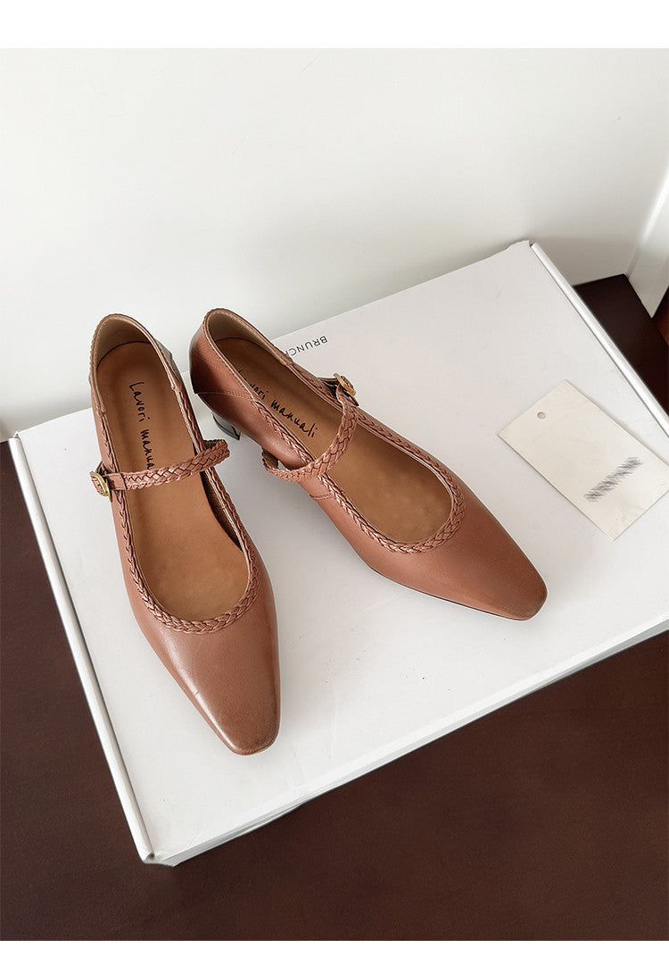 Karin Luna Braided Element Design Chunky Heel Square Toe Single Strap Shoes
