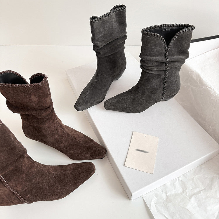 Karin Luna Elegant Style Small Square Toe Pleated Short Boots