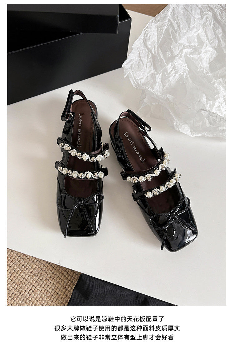 Karin Luna In Stock In Stock  Square Toe Bowknot Pearl Strap Closed-Toe Sandals