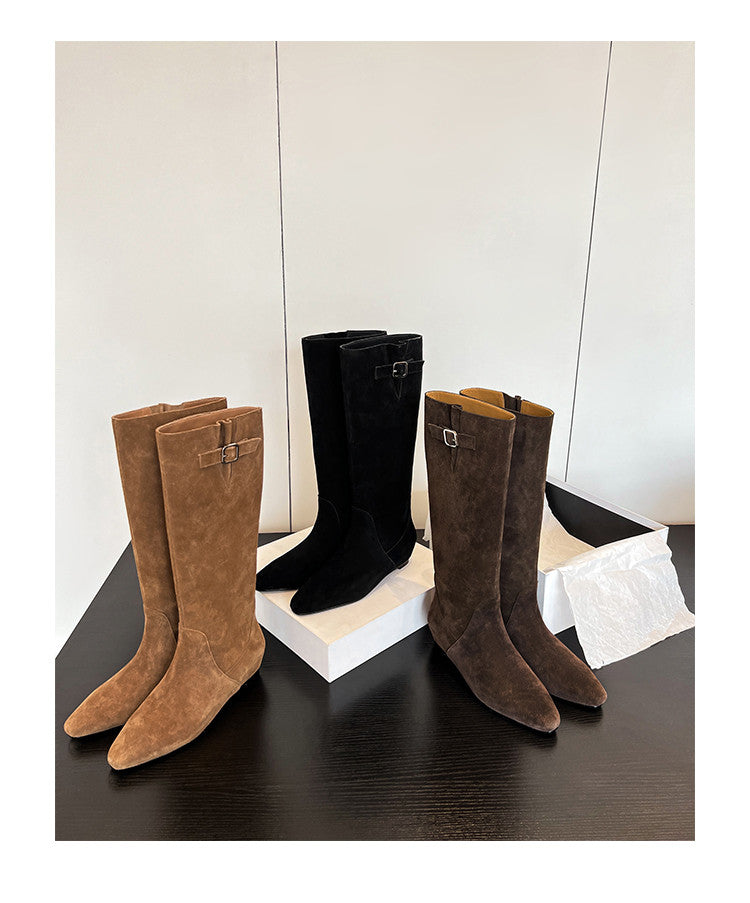 Karin Luna In Stock Spot Goods Vintage Cowhide Leather Chunky Heel Height Increasing Long Boots