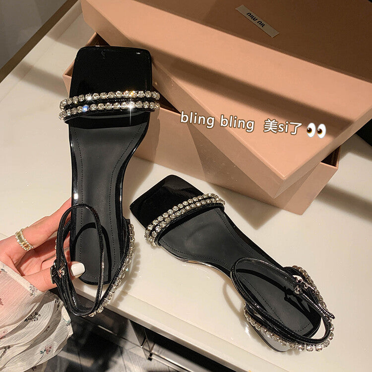 Karin Luna Classic Style   Rhinestone Strap Chunky Heel Open-Toe Sandals